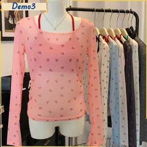 Áo Sơ Mi Đeo Vai, Áo Sơ Mi In Nơ Lưới, Áo Chống Nắng Dài Tay Thời Trang Slim Fit Y2K Đi Biển
