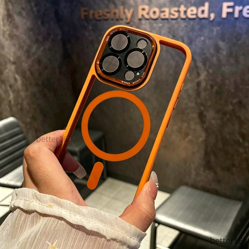 Ốp lưng từ tính viền cam nửa trong suốt cho iPhone 13 14 15 16 17ProMax bảo vệ camera hỗ trợ sạc không dây chống va đập