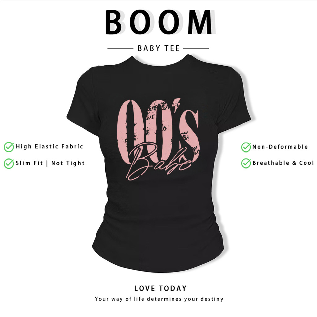 BOOM Áo Baby Tee Nữ Cotton Ôm Body-Áo Thun Ngắn Tay Y2K In Hình PhongCách Mùa Hè, Cổ Tròn Hàng Đầucách hàn quốc phong058