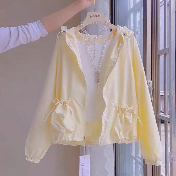[Giảm giá trong thời gian có hạn] Áo khoác chống nắng có mũ trùm đầu ren mỏng mùa hè thời trang Thiết kế nơ bỏ túi mỏng hơn
