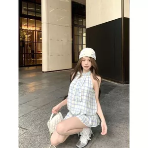Đầm nơ kiểm tra cổ dây cho nữ Cảm giác cao cấp mùa hè 2026 Phong cách mới Hot Girl Pure Desire Váy Vest không tay