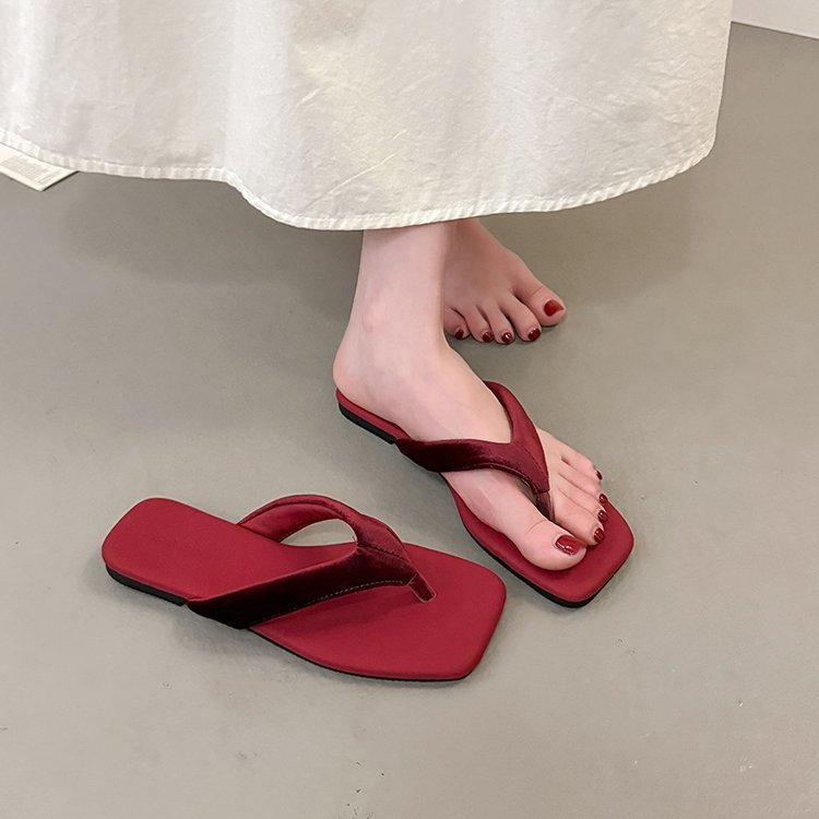 Mũi vuông mùa hè Thời trang Flip-Toe Bên ngoài Dép màu trơn PU Nữ Chống trượt Trượt Chống mài mòn @