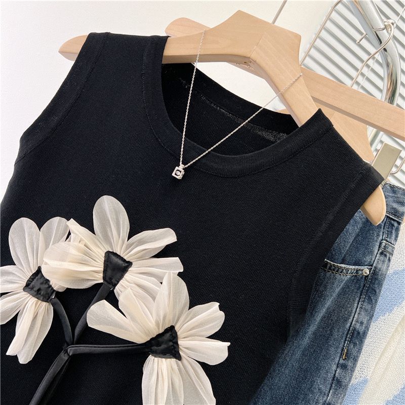 Milyfashion Rời Kích Thước Lớn Lười Ba Chiều Hoa Không Tay Sling Mùa Hè Phong Cách Mới Ngắn Mỏng Hơn Nhìn Top