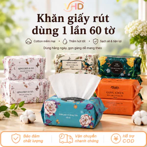 Khăn Lau Mặt Rút 60 Tờ Dùng 1 Lần – Sợi Cotton Mềm Mại, Thấm Hút Tốt, 20x20cm, Không Xơ, Dùng Khô/Uớt, Sạch Sẽ, Tiện Lợi