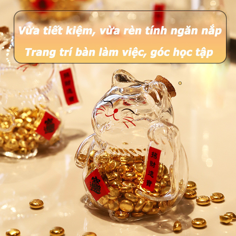 Bình Đựng Tiền Mèo May Mắn Bằng Thủy Tinh,Ống heo tiết kiệm thủy tinh,nhỏ xinh đẹp, lưu trữ tiền vàng
