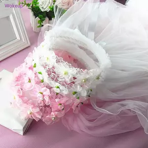 Woke Flower Girls Veil Girl 's Đính Hôn Tiệc Cưới Veil Ruy Băng Cạnh Với Hoa Vương Miện Cho Nhẫn Chụp Ảnh