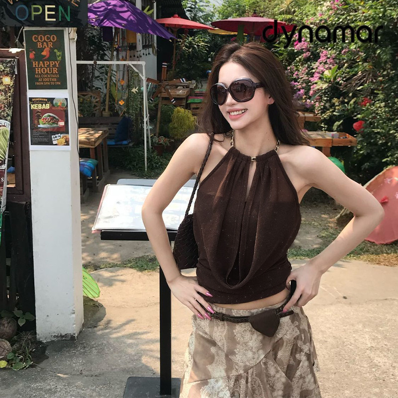 【dynamar】Áo hai dây cổ yếm lấp lánh, áo hai dây hở lưng gợi cảm dành cho nữ.