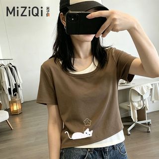[MIZIQI] Áo thun ngắn tay hai mảnh màu tương phản mùa hè dành cho nữ, áo thun Cotton nguyên chất dáng rộng dáng rộng mỏng hơn