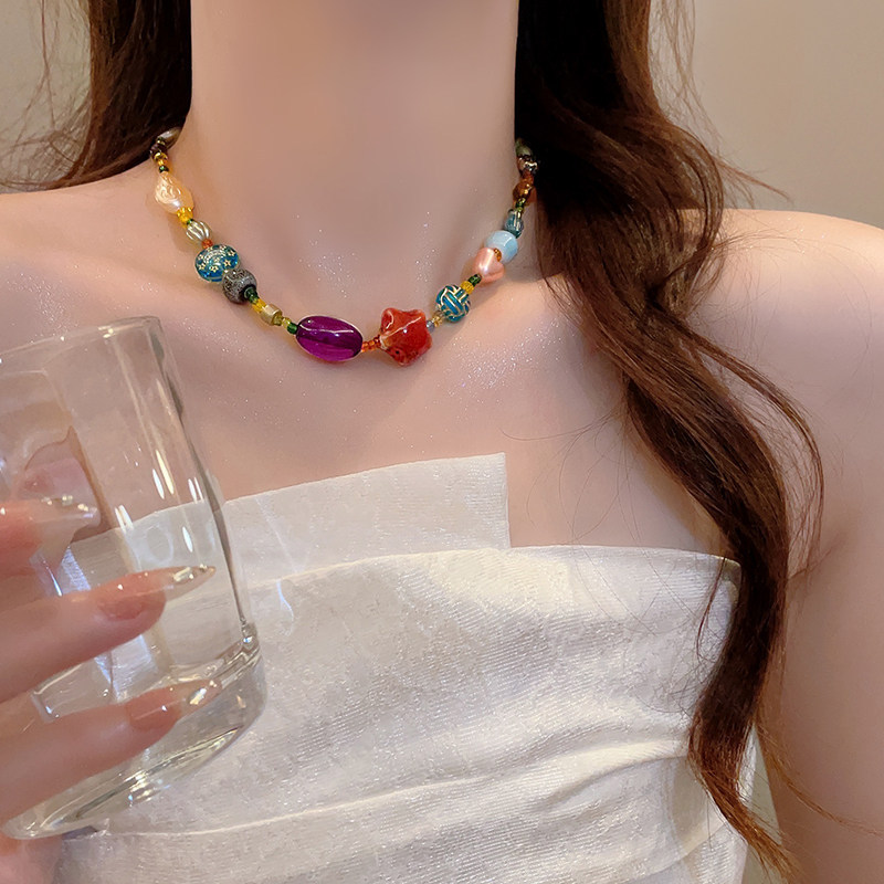 Mùa hè Dopamine Nhiều Màu Sắc Đính Hạt Vòng Cổ Kẹo Dễ Thương Xương Đòn Dây Xích Phụ Kiện Cho Nữ