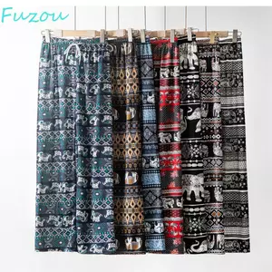 Quần in hình voi Thái FUJIOU, Quần ống rộng thoải mái đầy màu sắc cho nữ, Họa tiết Hippie Boho có dây đeo Quần Harem nữ