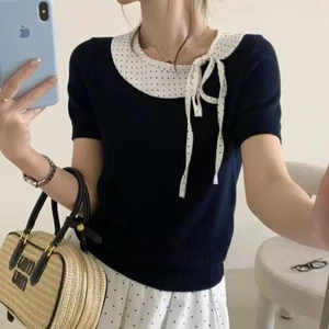 Áo thun ngắn tay cổ búp bê thời trang giản dị Hàn Quốc dành cho nữ mùa xuân, áo dệt kim mới dành cho nữ
