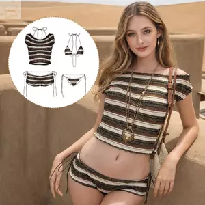Đồ bơi nữ AWNGD, Vintage Tie Chi tiết Bikini đi biển, Bộ 4 mảnh sọc thời trang Bộ bikini phẳng Bộ suối nước nóng