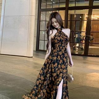 [Hàng mới về] [Sẵn sàng] Đầm dây phong cách ngày lễ cổ điển dành cho nữ Mùa hè Váy hông xẻ tà hoa kiểu Pháp