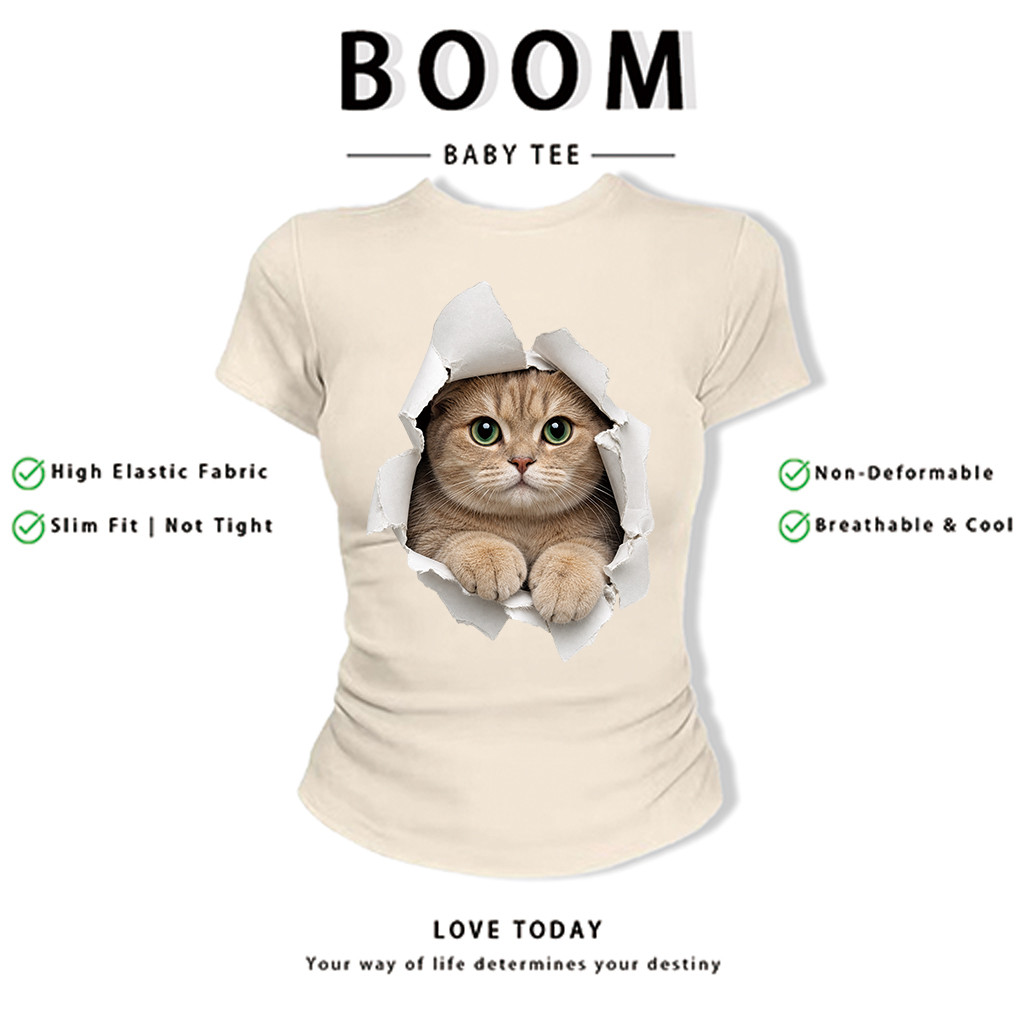 BOOM Áo Baby Tee Nữ Cotton Ôm Body-Áo Thun Ngắn Tay Y2K In Hình PhongCách Mùa Hè, Cổ Tròn Hàng Đầucách hàn quốc phong&61