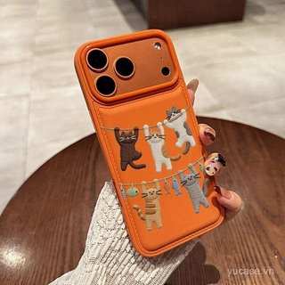Ốp Điện Thoại Da Giả Thêu Giá Phơi Treo Mèo Thích Hợp Cho iPhone 11 12 13 promax 14 15 16 17 pro max 16promax 15promax 14promax 15plus Ốp Chống Sốc