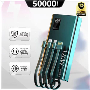 31vỏ Sạc Dự Phòng 50000mAH 30000MAH Dung Lượng Lớn Tích Hợp 4 Dây Sạc 120W ,Kèm Đèn ,Tương Thích Mọi Dòng Máy