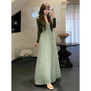 [Mặc nhỏ dễ thương] Đầm chấm bi màu xanh lá cây phong cách Pháp cỡ lớn dành cho nữ mùa hè Váy dài eo hẹp cao cấp Bộ đồ hai mảnh