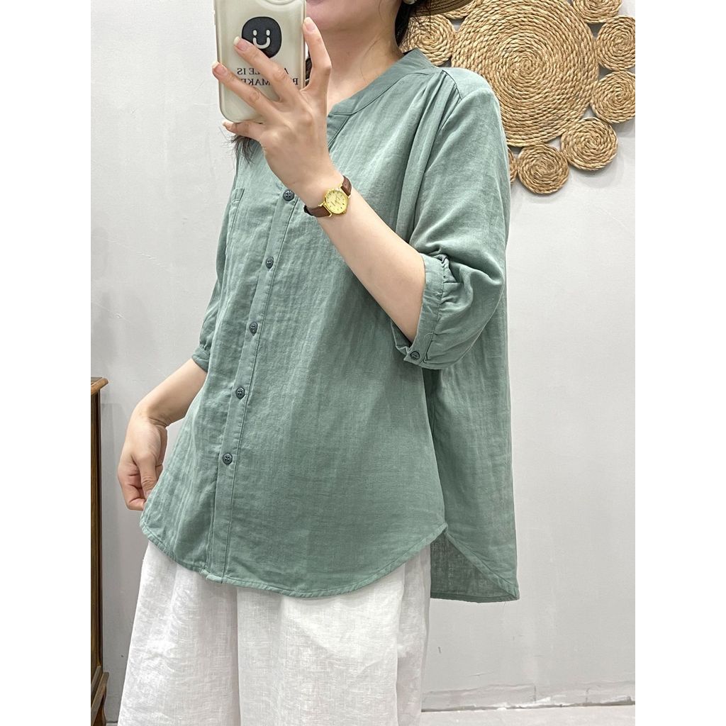 [Hàng có sẵn] Áo sơ mi nữ chất liệu Cotton cao cấp tay vừa cổ chữ V Mori