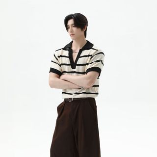 Áo thun polo dệt kim sọc sọc tương phản cao cấp phong cách đường phố cổ điển dành cho nam và nữ
