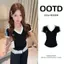 Áo thun ngắn tay cổ chữ V ren đen sang trọng Hàn Quốc dành cho nữ Mùa hè Phong cách mới Vai trước Slim-Fit Slimm