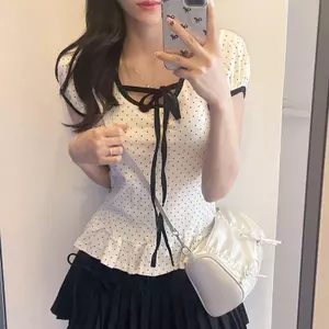 Thiết kế Niche ngọt ngào phong cách mới Hàn Quốc Nữ tay ngắn mùa hè Slim-fit Slimmer Look All-match ren