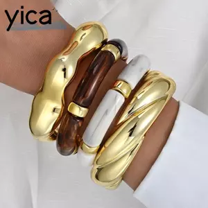 Bộ Vòng Tay Nhựa YICA, Vòng Tay Nhựa Không Đều Ống Tre Rộng, Punk Có Thể Xếp Chồng Dày Phóng Đại Chunky Lắc Tay Trang Sức