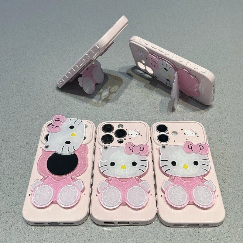 Ốp lưng gương trang điểm chấm bi Hello Kitty dễ thương iPhone Full Lens iP - 11/12/13/14/15/16/17/Plus/Air/Pro/Max