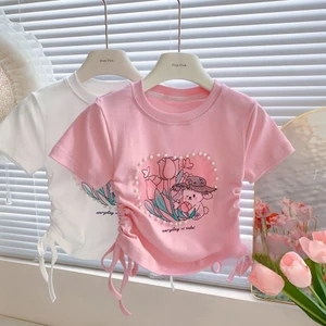 Bé Gái Ngọt Ngào Hoạt Hình Ngắn Tay Dây Rút Ngọc Trai Tình Yêu Phong Cách Trái Tim 90-140 Kích Thước BGQR