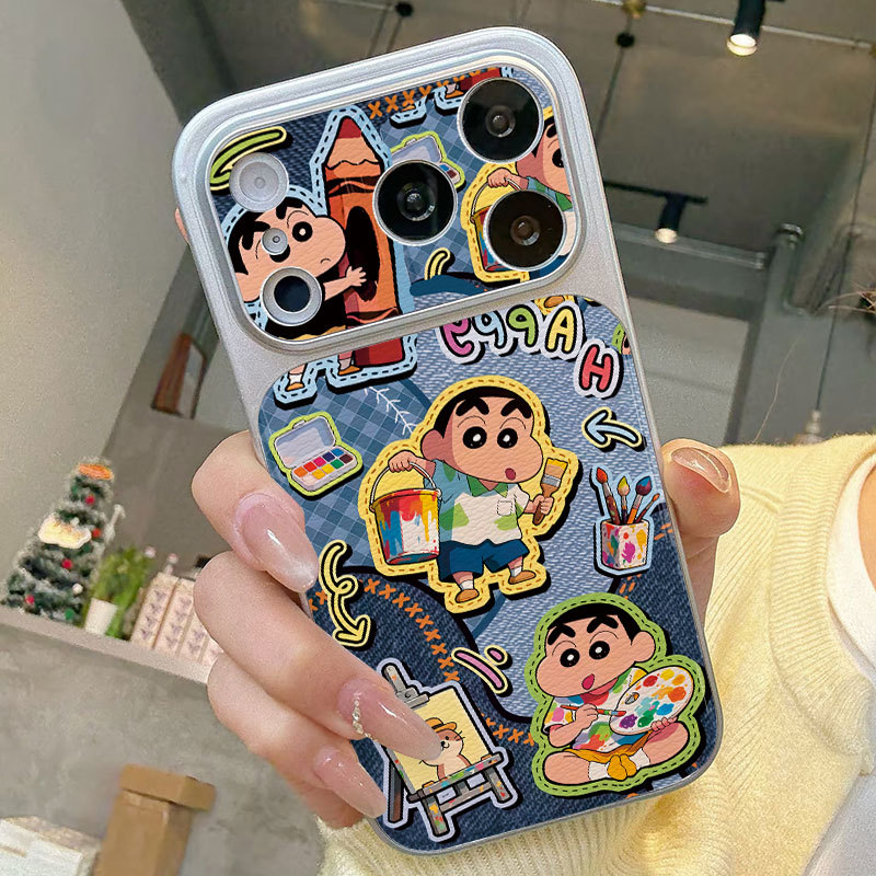 Ốp lưng iPhone Họa tiết da mạ Tím Crayon họa tiết Shin-chan iPhone 17 16 15 14 13 12 11 Pro Max Plus Max