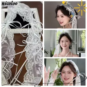 Veil cưới NICOLOO, Retro có nơ ruy băng Cô dâu nơ ren dài băng đô, băng đô cưới ngà kiểu Pháp