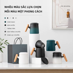CỐC TRÀ GỐM SỨ CÓ NẮP ĐẬY VÀ LƯỚI LỌC, TAY CẦM GỖ TỰ NHIÊN – THIẾT KẾ TỐI GIẢN SANG TRỌNG