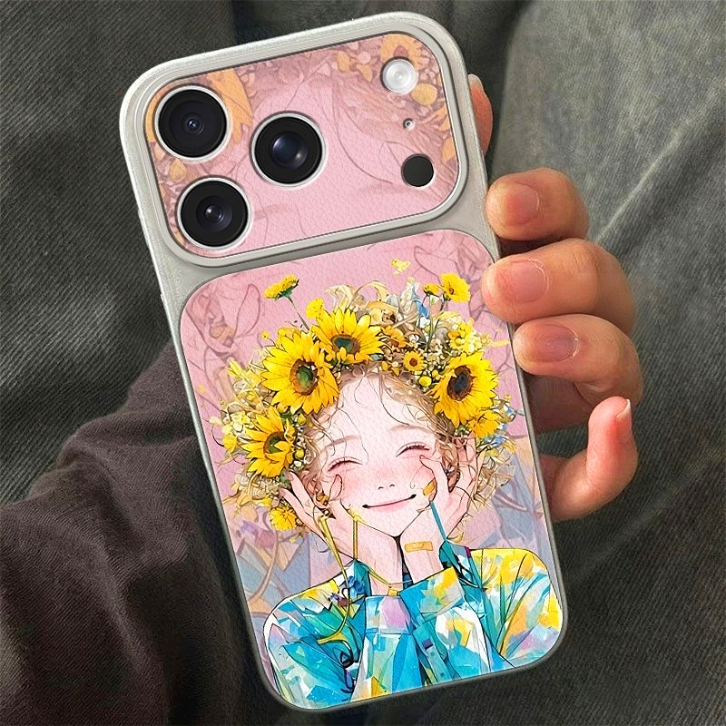 Ốp lưng cô gái vòng hoa hướng dương hồng phấn, chống sốc xinh hot cho nữ Camera Cấp iPhone 17/16/15/14/13/12/11/X/XS M
