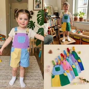 6M-4Y Tập Đi Bé Gái Bé Trai Retro Quần Short Tổng Thể Dễ Thương Màu Sắc Tương Phản Mùa Hè Áo liền quần Có Túi