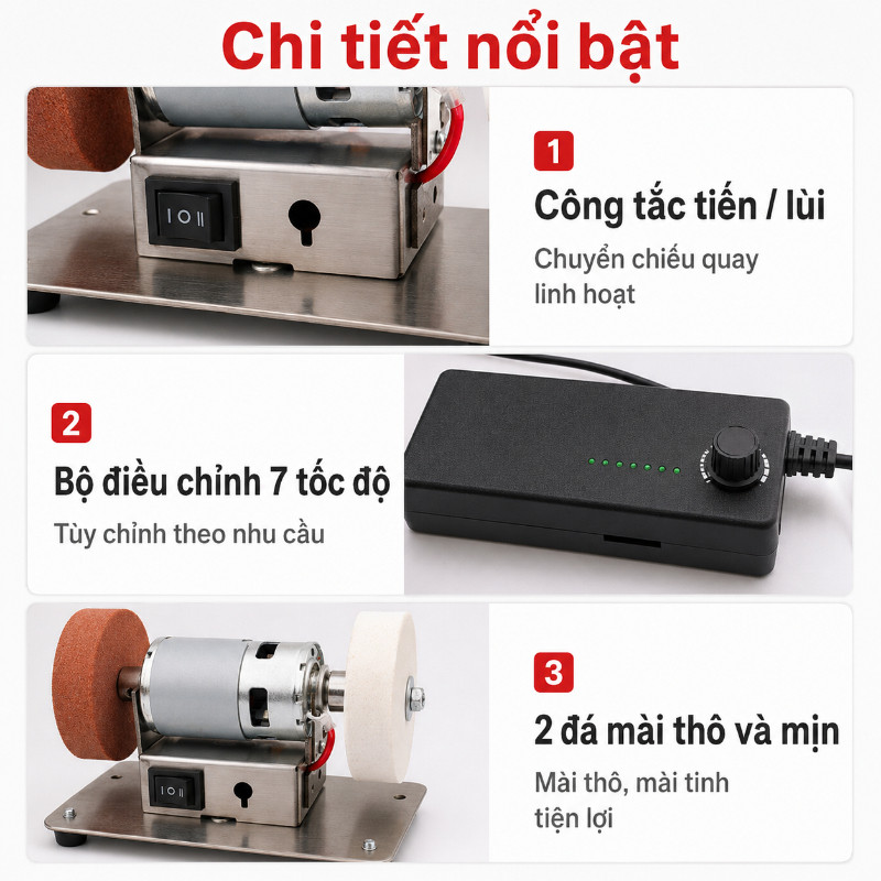 Máy Mài 2 Đá Mini Để Bàn Điều Chỉnh 7 Tốc Độ, Thiết Kế Nhỏ Gọn Điện 220V, Dùng Mài Dao Kéo Cho Gia Đình & Xưởng