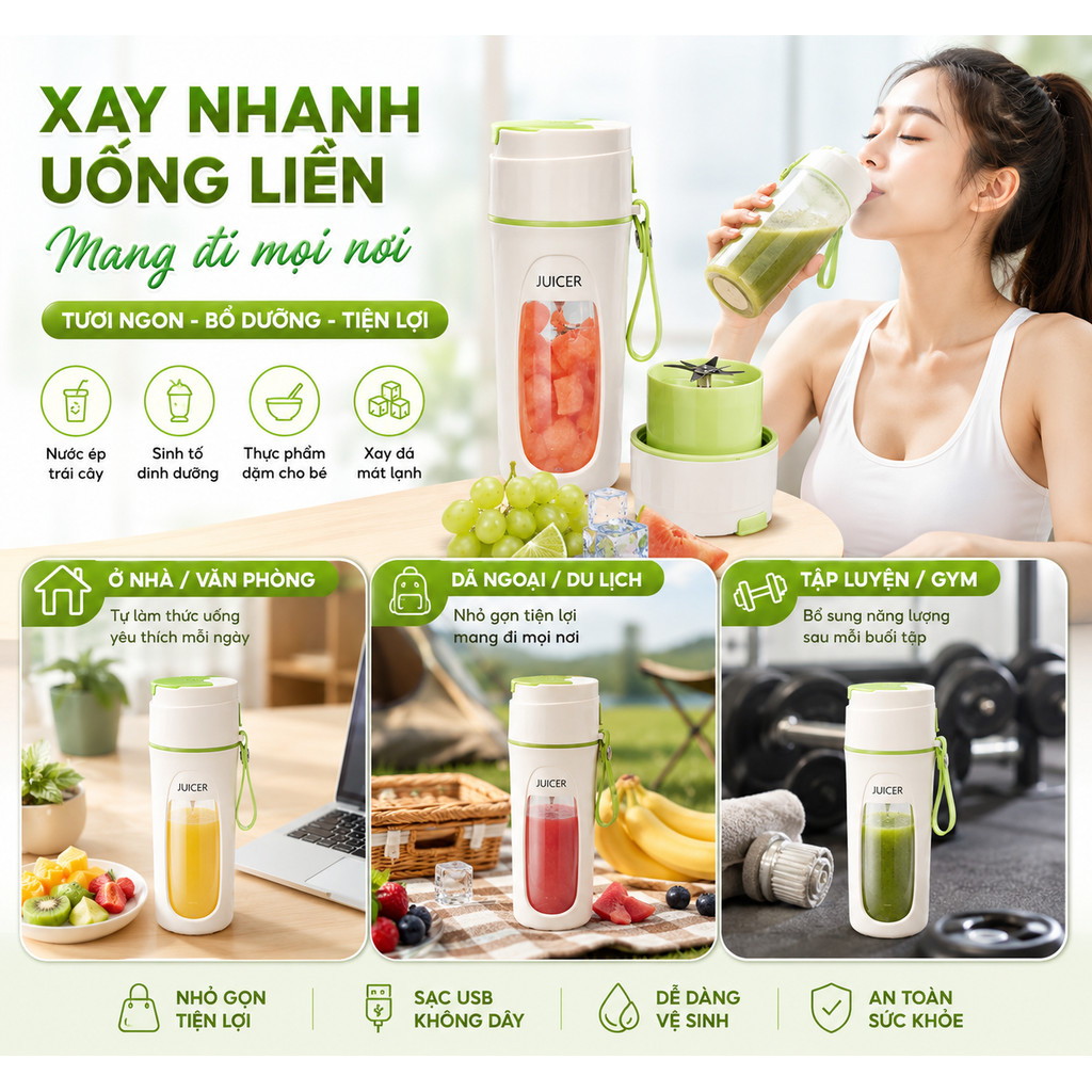 Máy Xay Sinh Tố Cầm Tay Mini Bruboses 340ml, 12 Lưỡi Dao, Pin 4000mAh, Sạc USB, Xay Đá Nhỏ