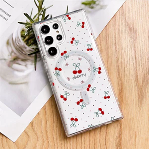 Ốp Điện Thoại Nam Châm Cứng Trong Suốt Dâu Anh Đào Cho Samsung S26 Ultra S25 Ultra S24 FE S24U S23U S22 A17 A56 A55 S25 + S20 FE / Vỏ Samsung Chống Sốc