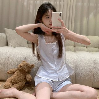 Nova-Bộ đồ mặc nhà nữ set kẻ sọc xanh phối viền ren dễ thương mặc nhà đơn giản tiểu thư mùa hè ba lỗ