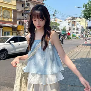 Thiết kế thích hợp khí chất ngọt ngào Màu tương phản hai lớp Dây đeo ngắn không tay dáng rộng