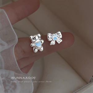 Ban Đầu Thiết Kế Phong Cách Bất Đối Xứng Bạc Kim Gấu Nơ Dễ Thương Tươi Ngọt Bông Tai Bông Tai Trang Sức