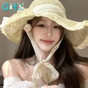 GHX Mùa Hè Nữ Ren Rơm Đi Biển Mũ Chống Nắng Có Thể Gập Lại Có Vành Rộng Tươi Phong Cách Sunblo Shade Hat Hoàn Hảo Cho Du Lịch Kỳ Nghỉ VN