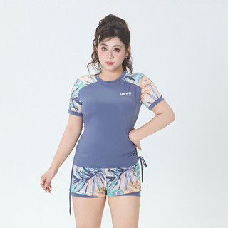 Plus Size Nữ Hai Mảnh Đồ Bơi Màu Hồng Nhiệt Đới Tay Ngắn Rash Guard Đồ Bơi 0529