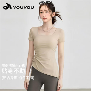 Yoga Mới Tay Ngắn Thể Thao Nữ Chạy Bộ Hẹp Bên Dây Rút Xếp Ly Quần Áo Tập Yoga Top