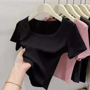 Phiên bản Hàn Quốc Áo thun Cotton cổ vuông ngắn phù hợp cho nữ tay ngắn mùa xuân mùa hè Phong cách mới Slimmer Look Tight Top