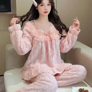 Bộ Đồ Ngủ Nữ VN, Phong Cách Mùa Đông, Lớp Lót Lông Cừu San Hô, Làm Dày, Thích Hợp Cho Ký Túc Xá Sinh Viên, Ren, Cô Gái Plump, Size Lớn, Bộ Đồ Thu Đông,20220224