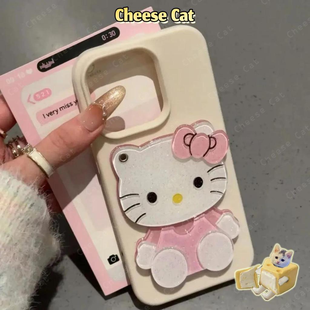 Gương trang điểm trượt Kitty + Ốp điện thoại phủ đá cuội cho iPhone 11 12 13 14 15 16 17 Pro Max 7 Plus Xs Max XR