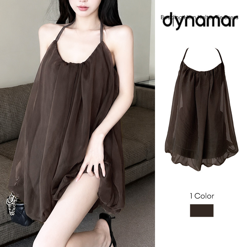 【dynamar】Váy xếp ly kiểu cổ yếm phong cách nghỉ mát hở lưng váy lưới co giãn váy ngắn