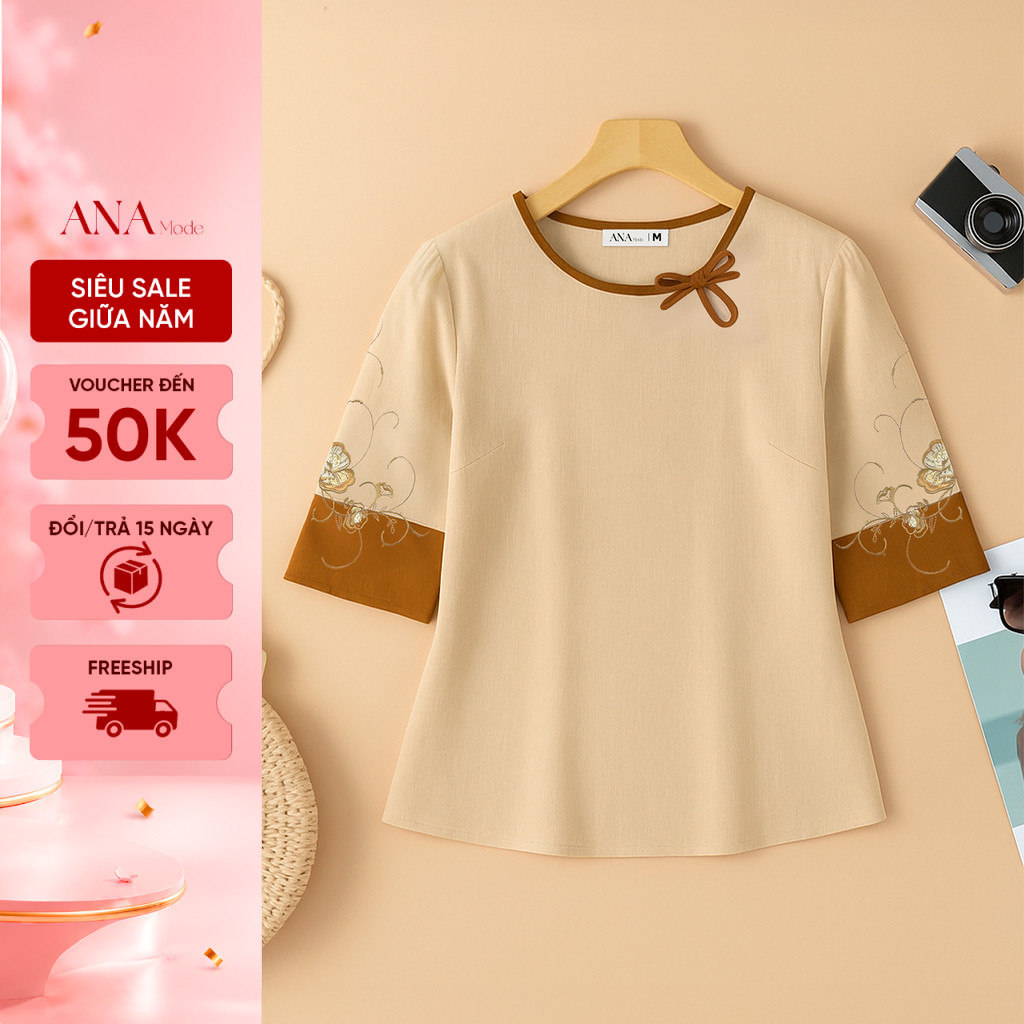 Áo Kiểu Thêu Hoa Trung Niên ANA Mode Chất Liệu Linen Thun Thanh Lịch Đi Chơi Quà Tặng Mẹ AK25VHD09