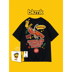 BKMK High Street Tôm Hùm In dáng rộng tay ngắn Tide ins Super Fire 200GSM Áo thun Cotton nam mùa hè mới 0609