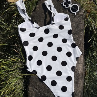 Đồ bơi nữ màu trắng chấm đen cổ chữ U Bộ đồ tắm Bikini cắt cao một mảnh