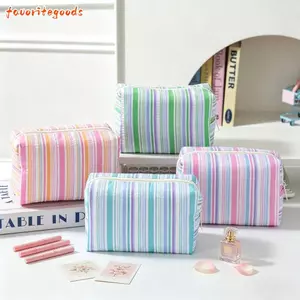 FAVORITEGOODS Dụng cụ sắp xếp vệ sinh du lịch, Túi trang điểm Seersucker sọc dung tích lớn, Túi đựng mỹ phẩm đa chức năng dễ thương Du lịch